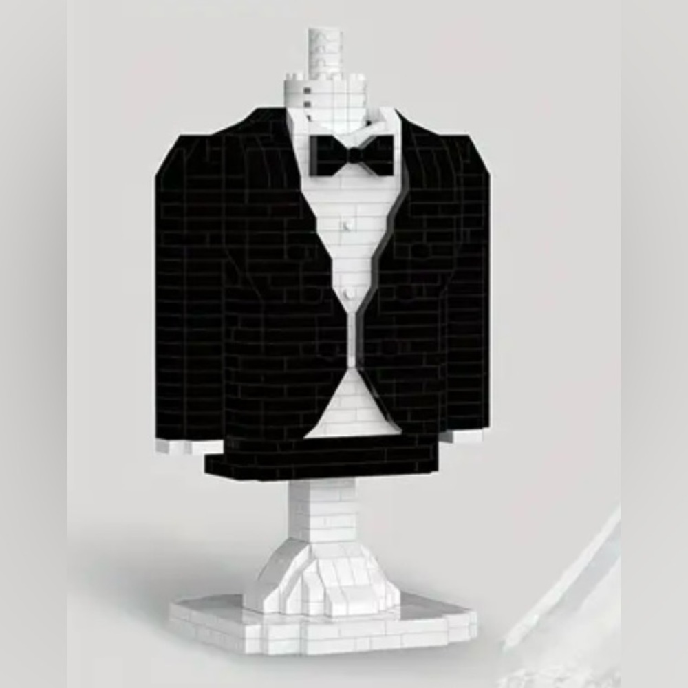 Men’s Groom Suit Tuxedo Building Block Set Black White Bow Tie NEW Box Wedding